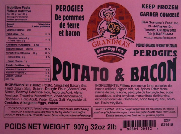 Buffalo Sav Inc. Issues Allergy Alert On Undeclared Soy In Grandma's Perogies Potato & Bacon Perogies
